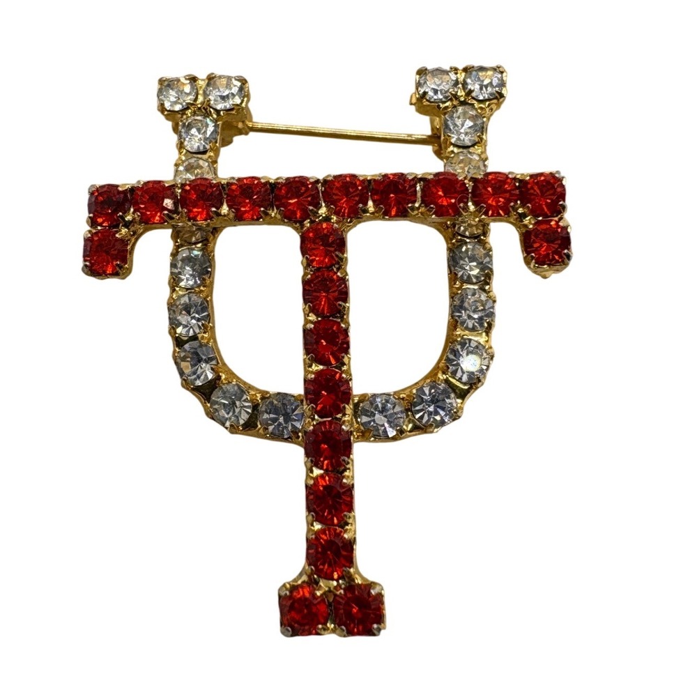 Vintage University of Texas UT Rhinestone Brooch Gold Tone Red Clear Longhorns